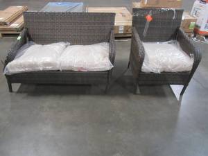Gableton Steel Outdoor Patio Wicker Loveseat and Chair with Beige Cushions - Love seat frame is BentDamaged, Chair has some wicker wearbroken pieces.