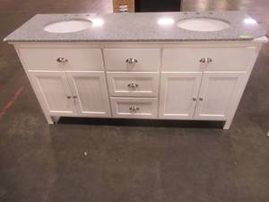 Ridgemore 71 in. W x 22 in. D Vanity in White with Granite Vanity Top in Grey with White Sink - Cracked Top and Basin.