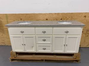 lot 21 image: HOME DECORATORS COLLECTION Ridgemore 71 in. W x 22 in. D Vanity in White with Granite Vanity Top in Grey with White Sink