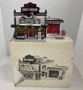 lot 38 image: Department 56 Snow Village Harley-Davidson Motor Cycles Shop