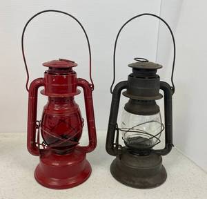 lot 97 image: Two Vintage Dietz Brand Little Wizzard Oil Lamps Red And Clear Lens