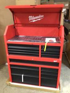 lot 11 image: Milwaukee 46 in. 16-Drawer Steel Tool Chest and Rolling Cabinet Set, Textured Red and Black Matte -Good condition - review all pictures