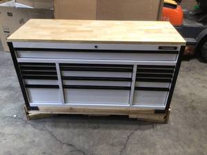 lot 17 image: Husky 61 in. W x 23 in. D Heavy-Duty 15-Drawer Mobile Workbench Tool Chest with Solid Wood Top in White - New - review all pictures