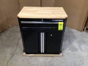 lot 20 image: Husky&nbspReady-to-Assemble 24-Gauge Steel 1-Drawer 2-Door Garage Base Cabinet in Black (28 in. W x 33 in. H x 18 in. D&nbspreview all pictures