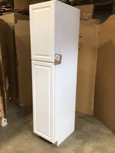 lot 28 image: Hampton Bay Hampton Satin White Raised Panel Stock Assembled Pantry Kitchen Cabinet (18 in. x 84 in. x 24 in.)- has small damage - review all pictures
