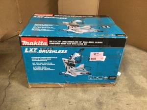lot 42 image: Makita 18-Volt 5.0Ah X2 LXT Lithium-Ion (36V) Brushless Cordless 10 in. Dual-Bevel Sliding Compound Miter Saw with Laser Kit - good condition - review all pictures
