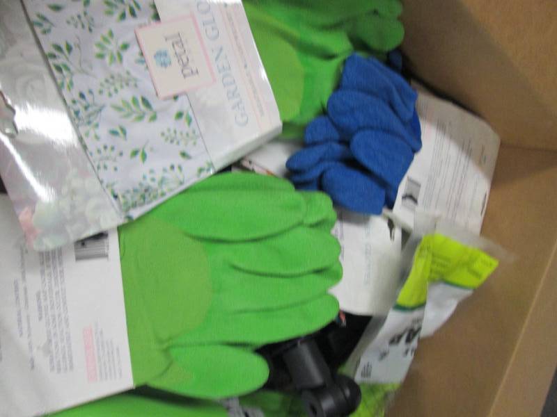 lot 97 image: box of solar string lights, hose ha...