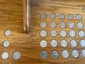 Wooden Wall Shelf With Inlayed Collectable Coins