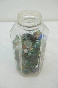 lot 100 image: jar of glass marbles and large shooters