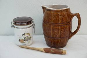 lot 141 image: goose kitchen canister and ceramic wood barrel mug
