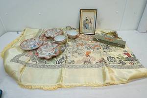 lot 142 image: Asian decor including tapestry, China, art print, and ceramic geishas