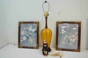 lot 151 image: Asian art prints, vintage glass lamp