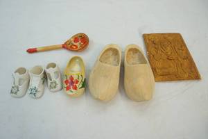 lot 157 image: wood shoes, wood spoon, ceramic ladle holder