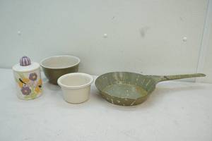 lot 166 image: enamel rooster painted frying pan with bowls and canister