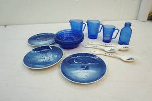 lot 168 image: blue glass bowls, cups, dishes and spoons