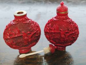 Two Vintage Chinese Cinnabar Snuff Bottles