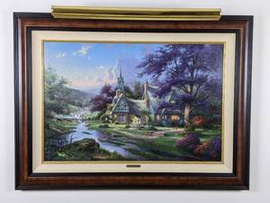 lot 1 image: Beautiful Clocktower Cottage Framed Artwork - Limited Edition by Thomas Kinkade, Print Number 304 of 3950