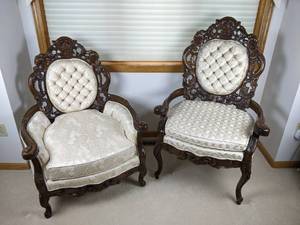 lot 7 image: Set of (2) Elegant Vintage Victorian Champagne Chairs in Low and High with Carved Wood Details