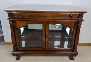 lot 10 image: Gorgeous Wooden Marble Top Curio Console Cabinet with Glass Doors and Glass Shelves