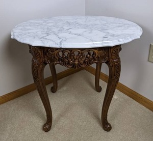 lot 12 image: Gorgeous Carved Wood Marble Top End Table