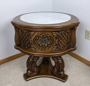 lot 4 image: Stunning Carved Wood Marble Top End Table with Single Drawer