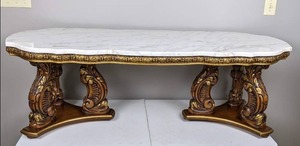 lot 13 image: Elegant Vintage Carved Wooden Marble Top Coffee Table