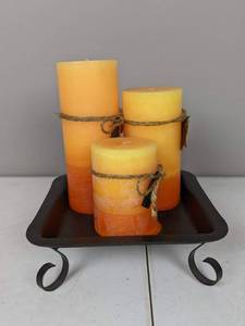 lot 67 image: Set of (3) Orange Pillar Candles and Candle Tray