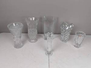 lot 64 image: Assortment of (6) Thick Clear Cut Glass Vases