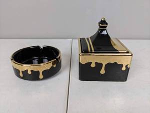 lot 75 image: Vintage Ashtray and Matching Box with Lid in Black and Gold