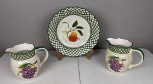 lot 40 image: Vintage Raymond Waites Cornucopia Pear Plate and (2) Grape Pitchers
