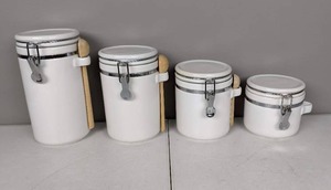lot 42 image: Ceramic Canister Set with Clamped Lid and Wooden Spoon, White, Mixed Sizes, Set of 4