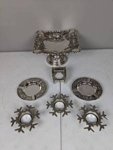 lot 81 image: Assortment of (7) Decorative Silver Ashtrays and Candle Holders