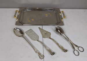 lot 80 image: Vintage Silver Serving Handle Tray and (4) Utensils with Gold Accent
