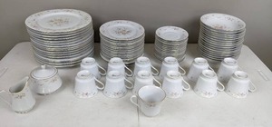 lot 35 image: Huge Vintage Collection of (79) Jamestown Fine China Romance Collection (16) Dinner Plates, (16) Salad Plates, (16) Soup Bowls, (16) Saucers, (13) Flat Cups, Sugar and Creamer