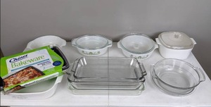 lot 34 image: Assortment of (10) Casserole Baking Dishes Corning, Pyrex, Anchor Ovenware and Chinet