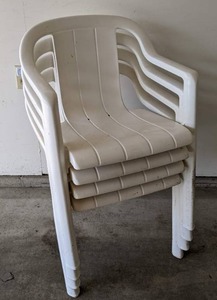 lot 140 image: Set of (4) White Plastic Stacking Outdoor Arm Chairs