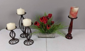 lot 161 image: Assortment of Candle Holders, Candles and a Artificial Tulip Flower Centerpiece
