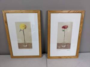 lot 172 image: (2) Framed Signed Flower Wall Art Yellow Dahlia and Orange Gerbera, 10 x 15