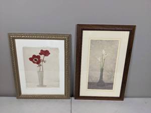 lot 150 image: (2) Framed Flower Wall Art Roses and Floral Vases by Laurie Eastwood