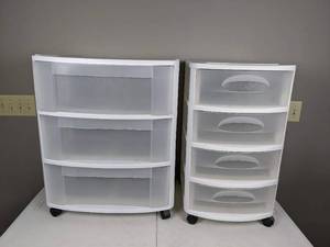 lot 160 image: Set of (2) Sterilite Drawer Storage Cart Containers with Casters for Mobility