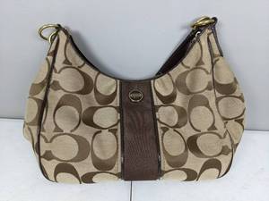 lot 18 image: Coach Classic Signature Print Stripped Purse, TanKhaki
