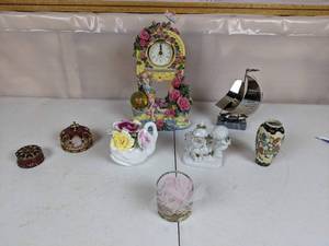 lot 241 image: Vintage Collection of Decorative Clock, Figurines, Sailboat and Other Dcor Royal Stratford bone China, Satsuna and More