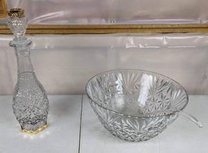 lot 218 image: Clear Cut Glass Decanter and Punch Bowl Set with Gold Accent