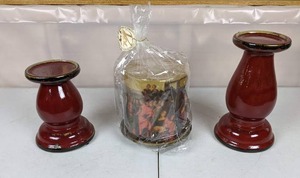 lot 222 image: Set of (2) Red Pillar Candle Holders with a Religious Candle and Stand