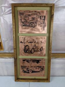 lot 225 image: Vintage Wall Art of Antique Cars 1907 Franklin, 1914 Mercer Raceabout and 1937 Mercedes Benz 540K