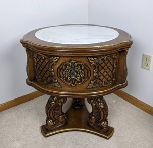 lot 238 image: Stunning Carved Wood Marble Top End Table with Single Drawer