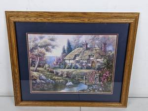 lot 64 image: FramedMatted Wall Art-Cottage by Water with Swan