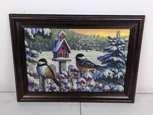 lot 68 image: Framed Wall Art of Winter Scene with Birds and Scripture