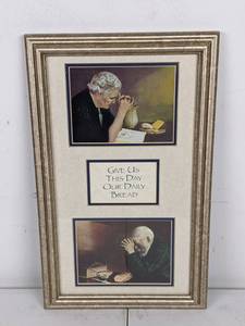 lot 97 image: Framed Wall Art of Man and Woman Praying Over Food Give Us This Day Our Daily Bread by Eric Enstrom