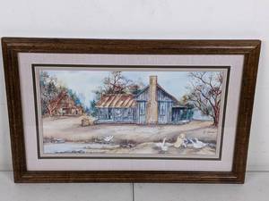lot 90 image: FramedMatted Print by Ava Freeman of Boy Feeding Geese on the Homestead